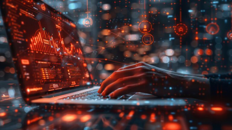 Hands operating a laptop with a futuristic interface, symbolizing high-tech cyber connections