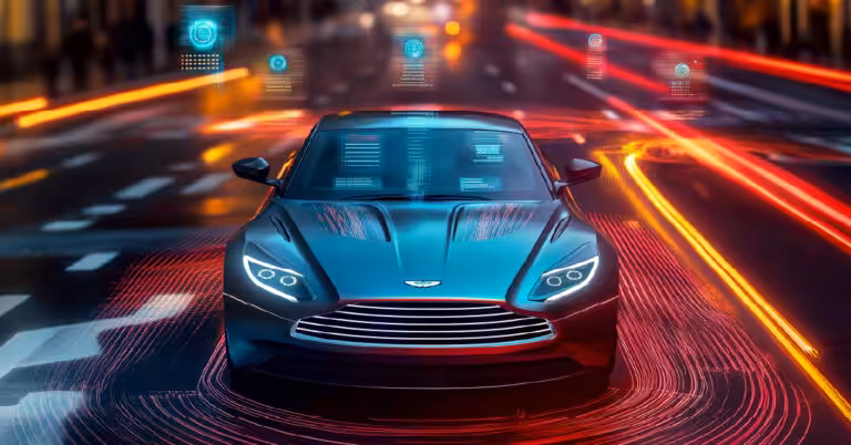 Futuristic autonomous car illuminated by red and orange data streams, with holographic AI interfaces overlaying the windshield on a smart city street at night