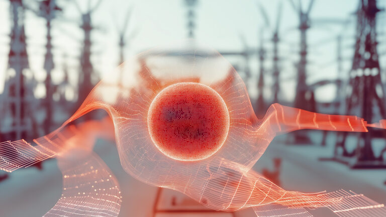 Glowing digital red sphere wrapped in dynamic energy lines in front of a wind farm, representing AI-powered power generation modeling
