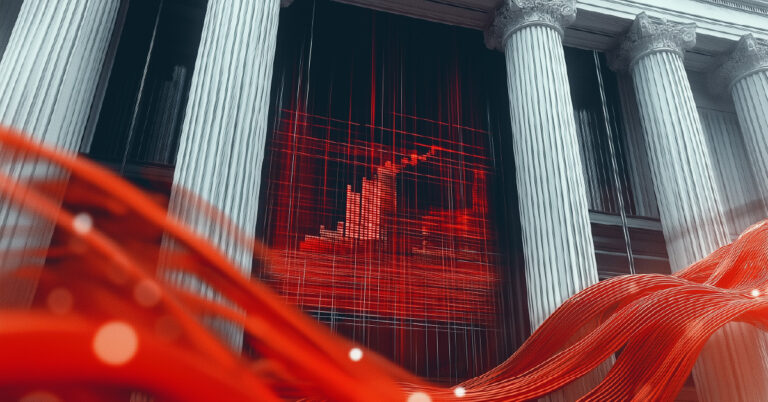 Red digital data streams flow past a traditional neoclassical bank building, with glowing financial graphs projected between the columns, symbolising AI-powered fraud prevention.