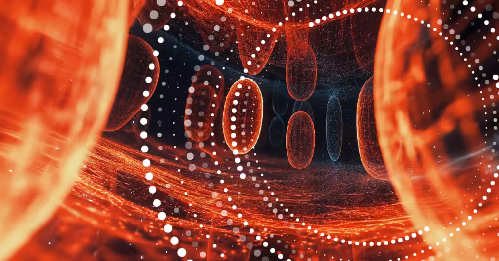 Abstract red and white digital structures representing neural networks scanning through medical imaging data, symbolising AI-powered health diagnostics.