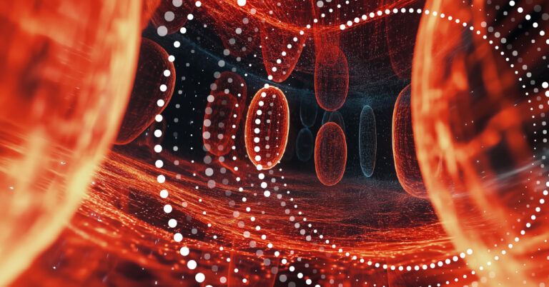 Abstract red and white digital structures representing neural networks scanning through medical imaging data, symbolising AI-powered health diagnostics.