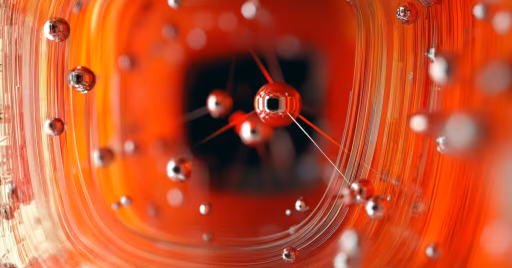 Close-up of a red abstract 3D structure with metallic nodes and energy trails, representing predictive maintenance and sensor analytics in modern manufacturing.