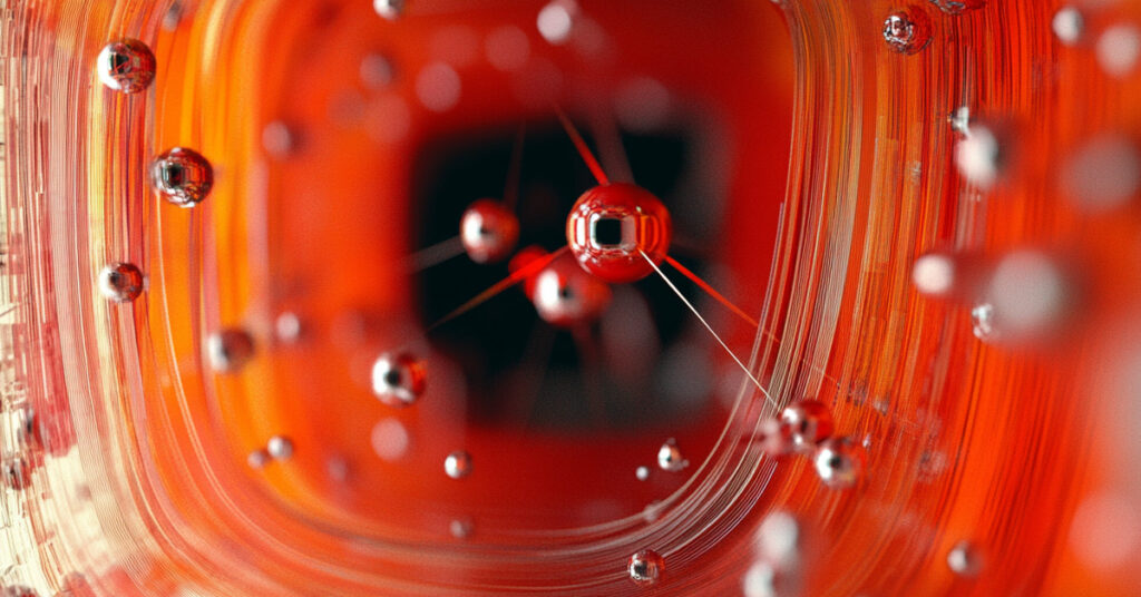 Close-up of a red abstract 3D structure with metallic nodes and energy trails, representing predictive maintenance and sensor analytics in modern manufacturing.