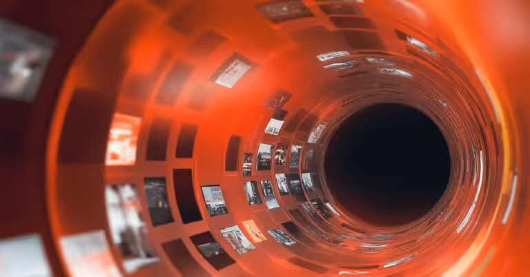 A swirling red data tunnel filled with digital screens, symbolising high-speed media content streaming and AI-driven content curation.