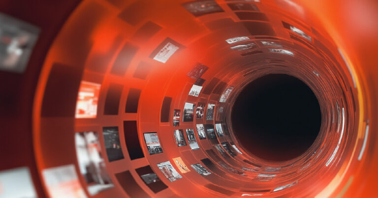 A swirling red data tunnel filled with digital screens, symbolising high-speed media content streaming and AI-driven content curation.