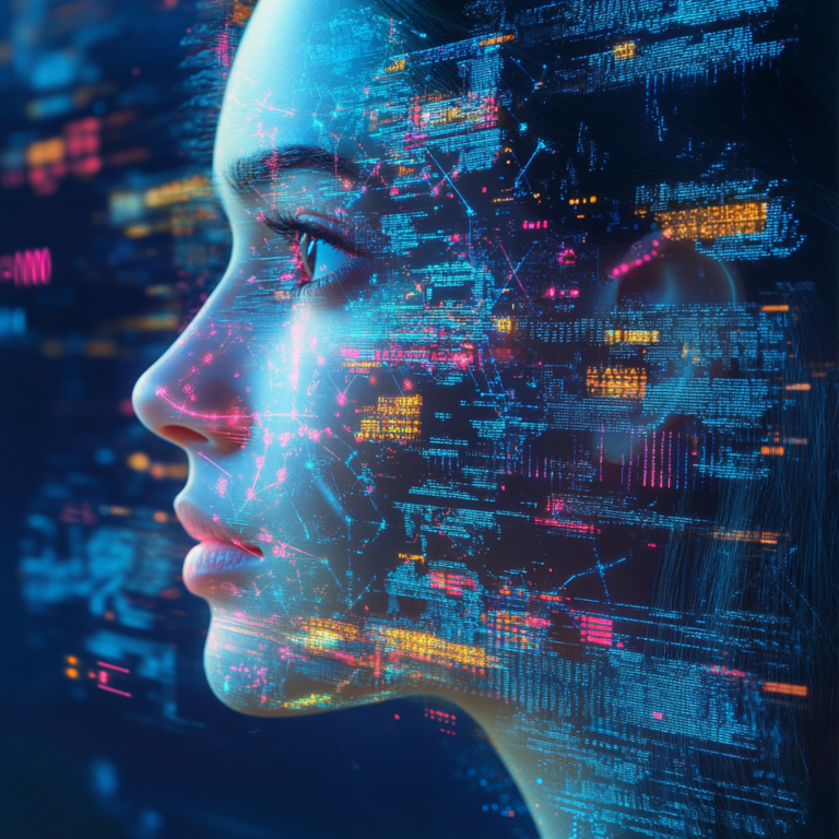 Close-up of a woman's face illuminated with digital data streams, representing advanced AI technology and data intelligence visualization
