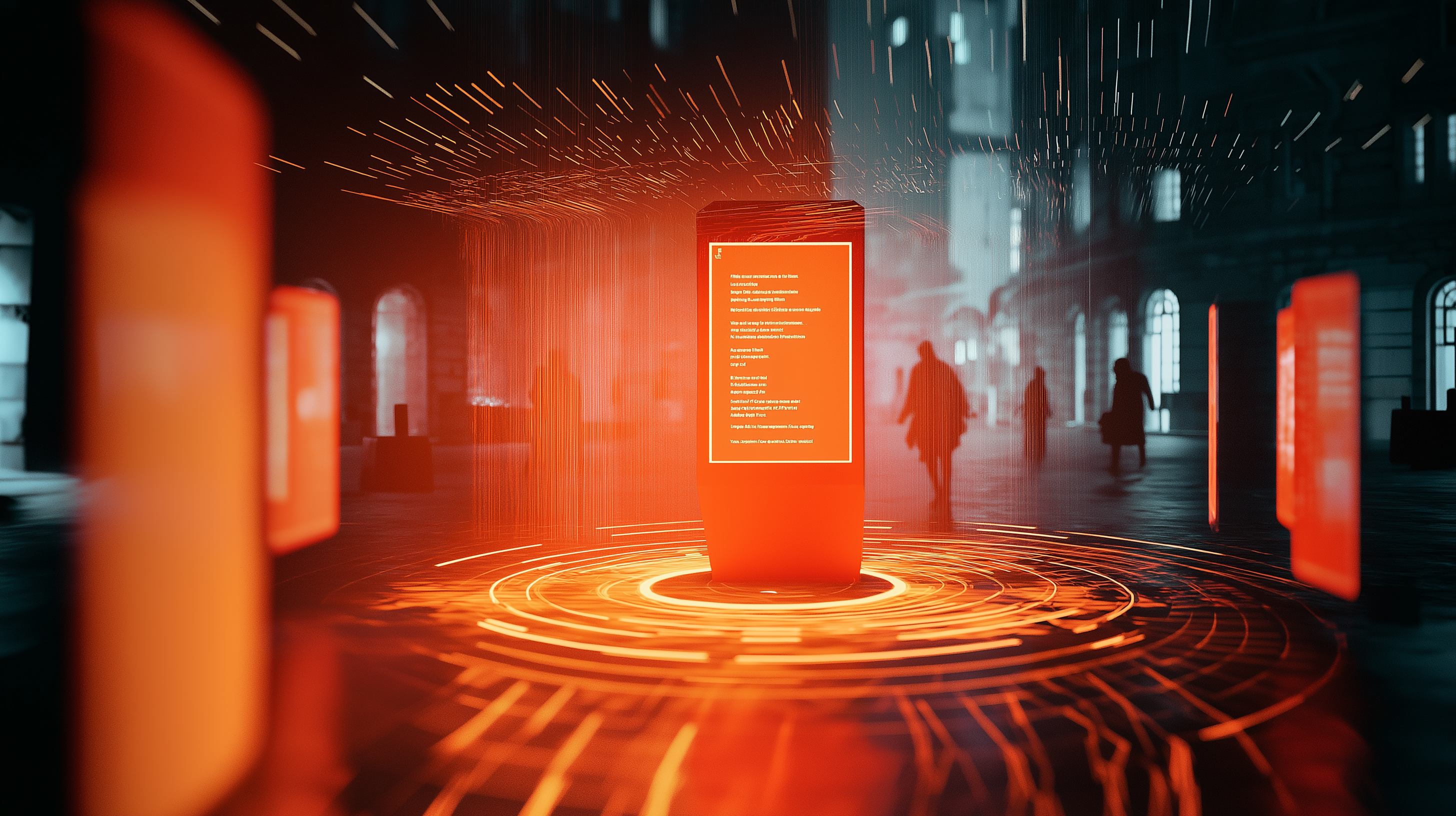 Glowing red public information portal in a city square, visualising high-speed AI-driven data flow.